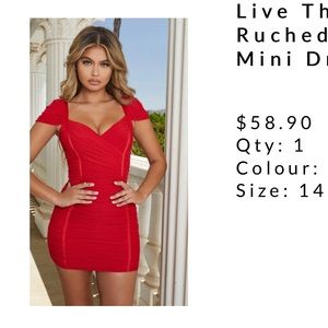 Oh Polly Red Ruched Bodycon Mini dress. Size 10